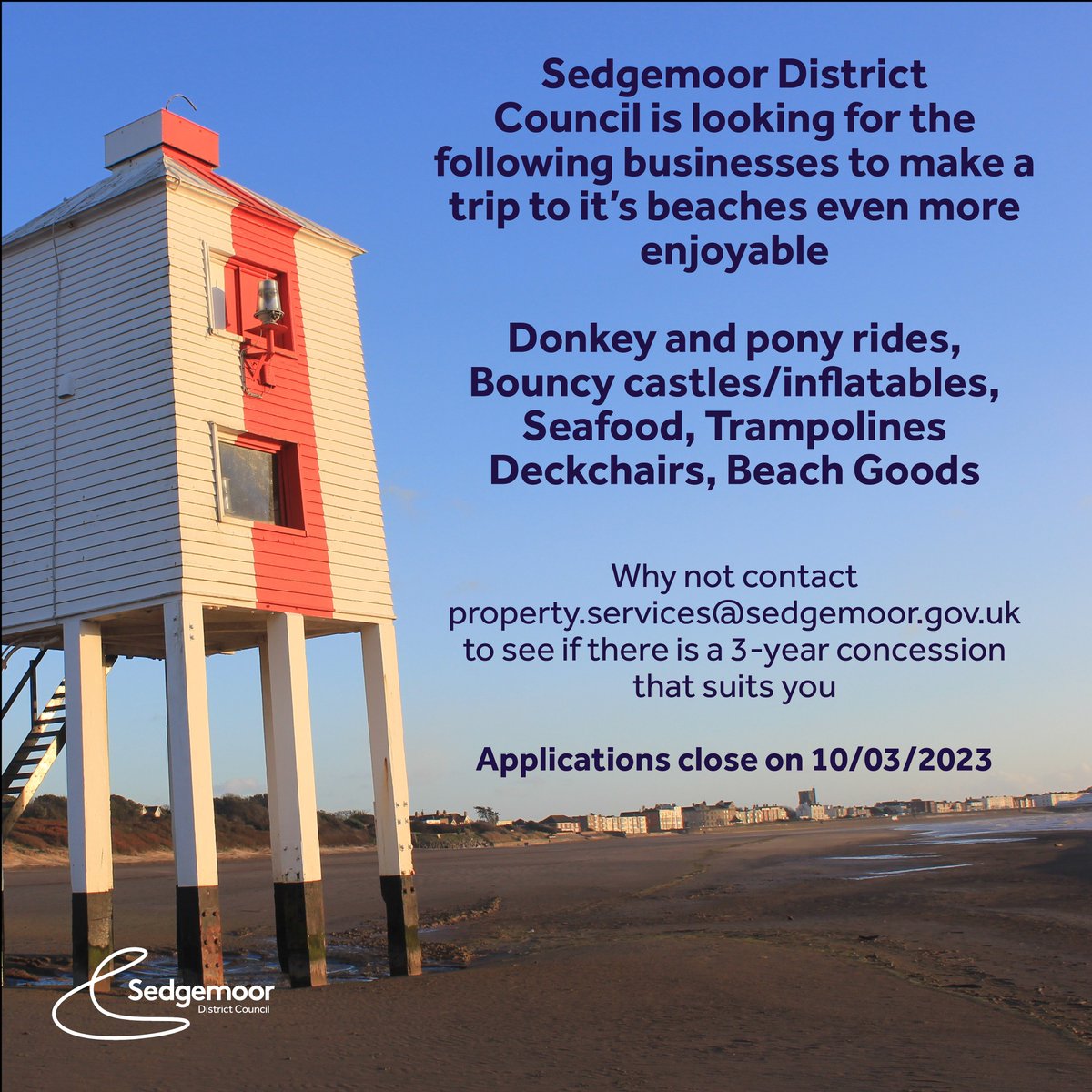 SedgemoorBiz (@sedgemoorbiz) on Twitter photo Applications for concessions on our beaches for the next 3 seasons close at midday on Friday, 10 March.
If you are interested please e-mail property.services@sedgemoor.gov.uk for full details.
#BusinessOpportunity
#BeachConcession #ParkConcessions Applications for concessions on our beaches for the next 3 seasons close at midday on Friday, 10 March.
If you are interested please e-mail property.services@sedgemoor.gov.uk for full details.
#BusinessOpportunity
#BeachConcession #ParkConcessions