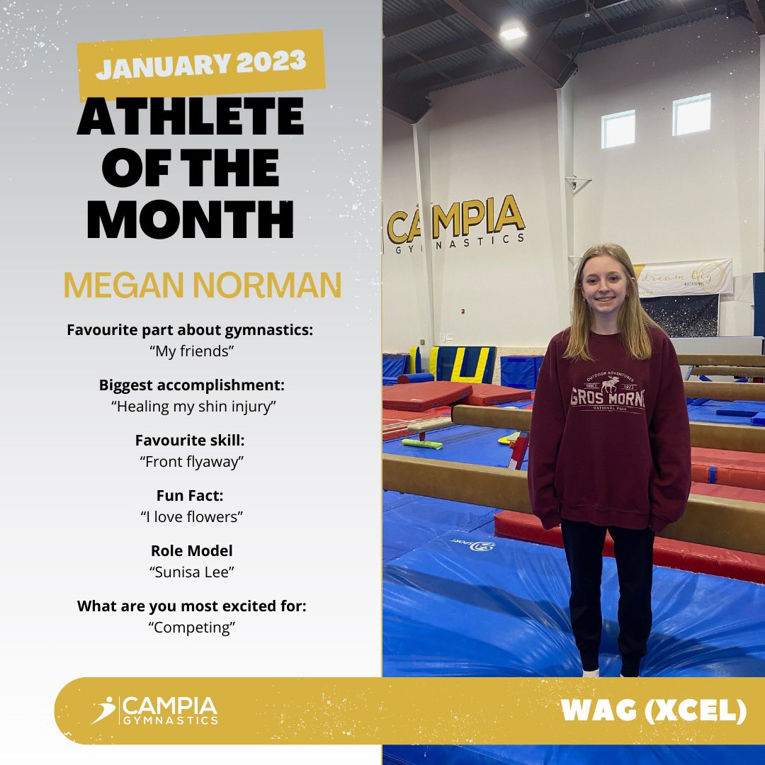 Congratulations to our January 2023 Athletes of the Month for our competitive program sponsored by Booster Juice! 👏

⭐️ Olivia Cao - WAG (CCP)
⭐️ Kirill Facey - TRA
⭐️ Simeon Hooper - MAG
⭐️ Megan Norman - WAG (XCEL)