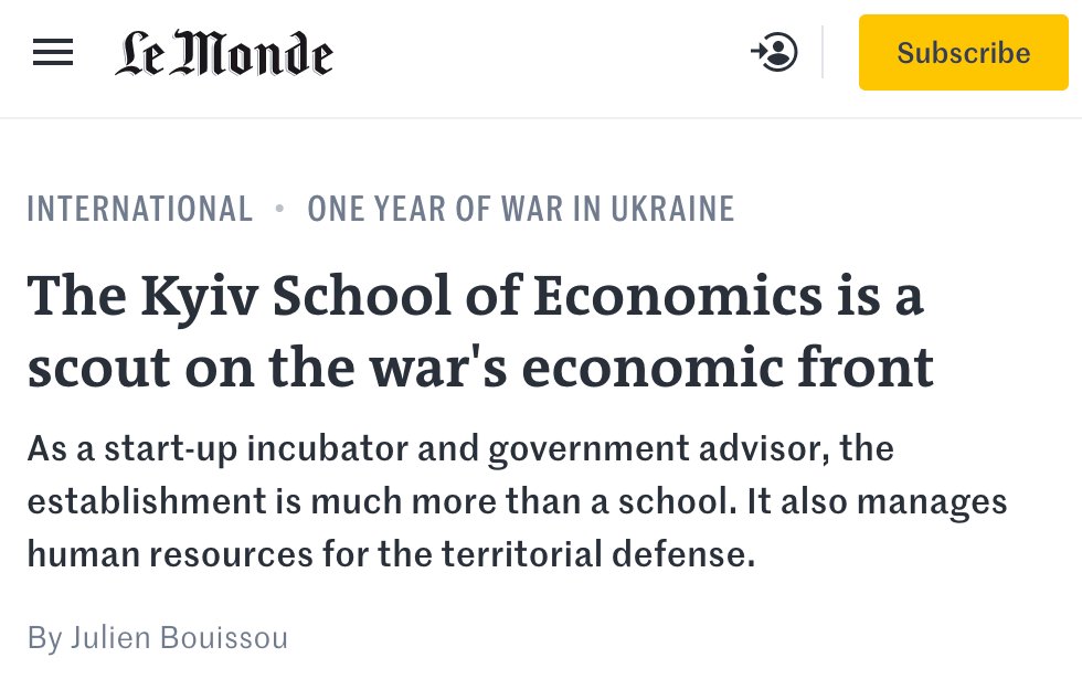 Proud that the Kyiv School of Economics @kse_ua is featured in @LeMonde : '🇺🇦The Kyiv School of Economics is a scout on the war's economic front! It's an incubator of a hundred startups, a government advisor, and a manager of human resources for territorial defense.' 1/