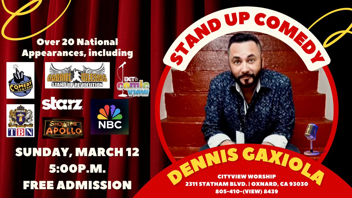 PASTORFERNIE's tweet photo. Looking for something to do FREE this Sunday night? Bring your entire family to this comedy event. Be sure to get there on time so you don't miss a joke.

Dennis Gaxiola is one of America's funniest clean comedians with over 20 National Television appearances... https://t.co/KpMsGPvp9f