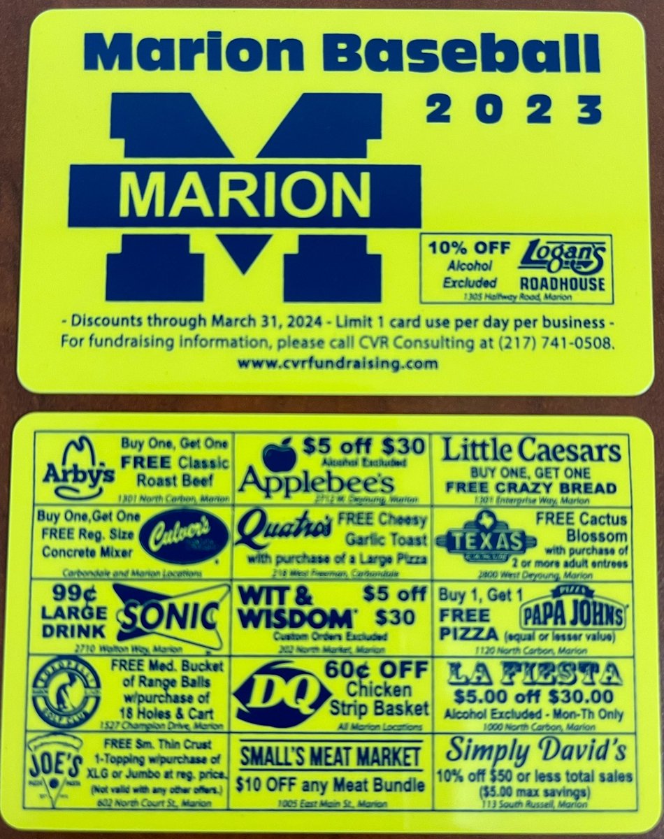 Wildcats_BSBL's tweet photo. Baseball discount cards are selling fast!  If you have not been approached by a player, contact Coach Geiger ASAP.  Don’t miss out on this card good for 1 year! kgeiger@marionunit2.org
@MarionWildcats @MarionHSIL https://t.co/rICJKdJazz