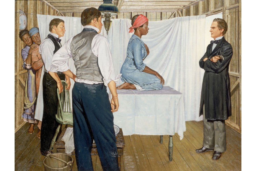 FashioningSelf's tweet photo. J. Marion Sims's contribution to the field of gynecology lie in a series of experiments performed on the enslaved women Anarcha, Lucy, and Betsey, among others, without anesthesia. When artist and activist Michelle Browder saw this painting memorializing Sims's legacy, she was triggered. "From there, I promised myself that I would change that narrative," said Browder in a recent @NewsHour report. In her black feminist intervention, Browder put Sims under scrutiny on the operating table, surrounding him with empowered black women dressed in modern clothing. She sought to restore a sense of bodily autonomy through a creative reinterpretation of the original 1952 painting, underscoring the restorative power of re-envisioning this "great moment in medicine." On Mother's Day of this year, Browder is slated to open The Mothers of Gynecology Health and Wellness Museum and Clinic in Montgomery, Alabama. The property was previously owned and operated by Dr. J. Marion Sims where he conducted his experiments on enslaved women. @mothersofgyno