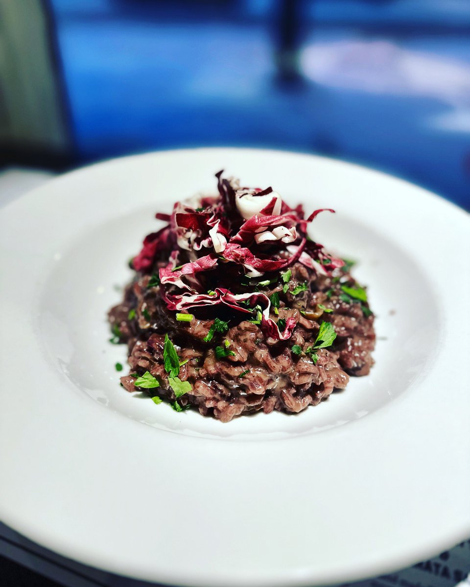 Cooking up a storm with this month’s risotto. Caramelized radicchio and pecorino cheese cooked with Stratus vineyard’s amazing merlot wine. The flavors are out of this world! #foodie #notjustpizza #deliciousfood #thesix #risotto #longbranchto