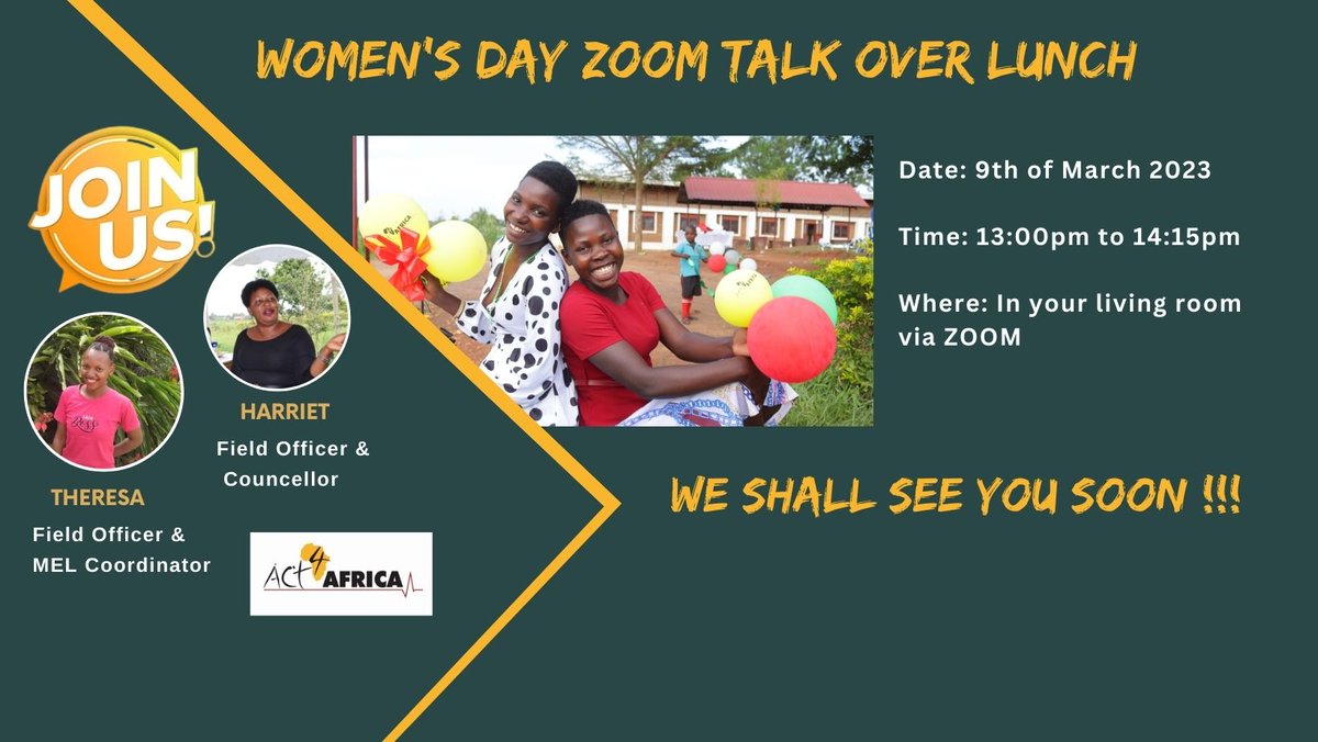 ACT4AFRICA's tweet photo. #Act4Africa cordially invites you to a zoom chat over lunch on March 9, 2023, at 12:30 UK Time, in honour of International #Women's Day. 

To sign up to attend the event or learn more about the even, click here: https://t.co/XOCCiQslUh https://t.co/2pVu1Jl5Pi