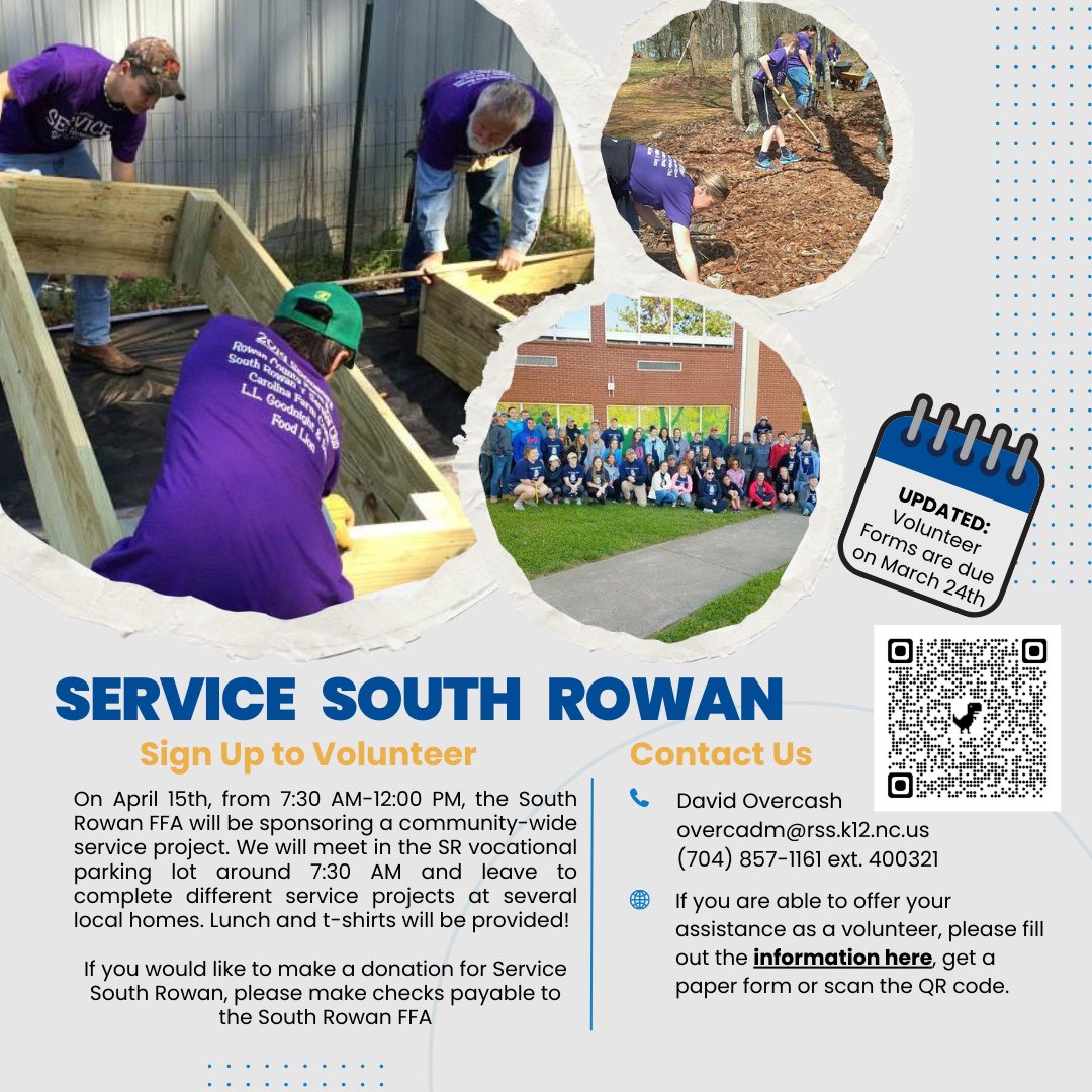 ✨𝐒𝐞𝐫𝐯𝐢𝐜𝐞 𝐒𝐨𝐮𝐭𝐡 𝐑𝐨𝐰𝐚𝐧✨ Don't forget to volunteer for this event on Saturday, April 15th! Volunteer Forms are now due on March 24th - forms.gle/oJEvLzeeqtfGuF… <a href="/southrowanFFA/">South Rowan FFA</a>