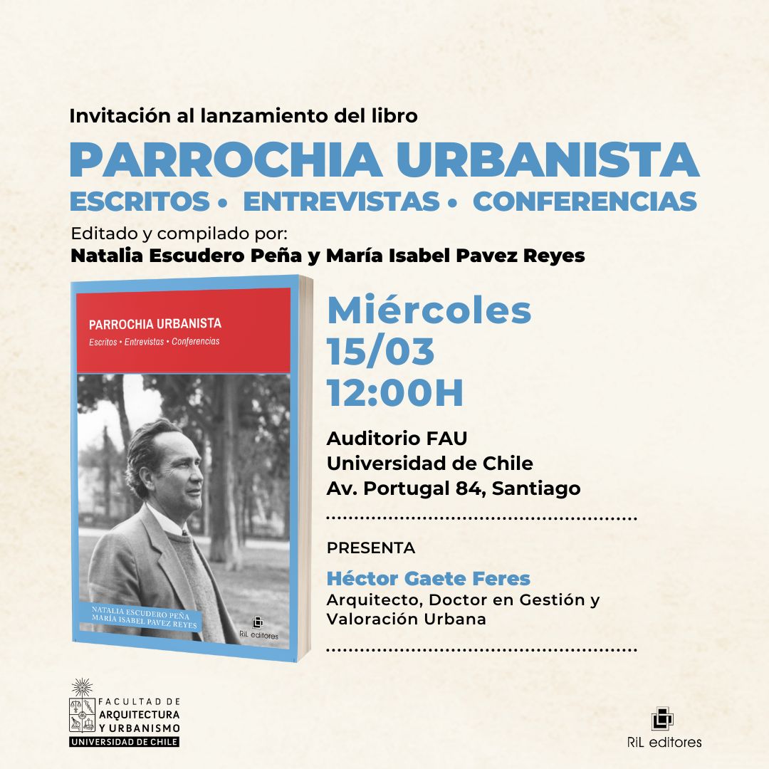 Miércoles 15M,  Facultad Arquitectura y Urbanismo <a href="/uchile/">Universidad de Chile</a> Stgo, lanzamiento libro PARROCHIA URBANISTA, con la obra y aporte intelectual en #Urbanismo del arq Juan Parrochia Beguin.  <a href="/ArquitecturaUbb/">Arquitectura UBB</a> <a href="/Farcodiubb/">Facultad Arquitectura Construcción Diseño UBB</a> 
@arqccp <a href="/ndatos_biobio/">#Datos BioBio y Más 😎</a> <a href="/colegioarq/">Colegio de Arquitectos de Chile</a> <a href="/arquitectosCCP/">Arquitectos de Concepción</a> <a href="/MundoFAU_uchile/">FAU U. de Chile</a>