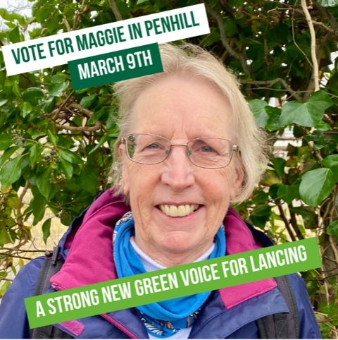 AdurGreenParty's tweet photo. Pls vote for active Green Maggie Rumble standing in the by-election for Penhill Ward Lancing - Thurs 9th March. Polling Stn is St Michaels Church Hall, South St, Lancing, 7.00am-10.00pm
#lancing #lancingbeach #lancingparishcouncil #lancingparish #westsussex #adurgreenparty https://t.co/q83sOSRCCV