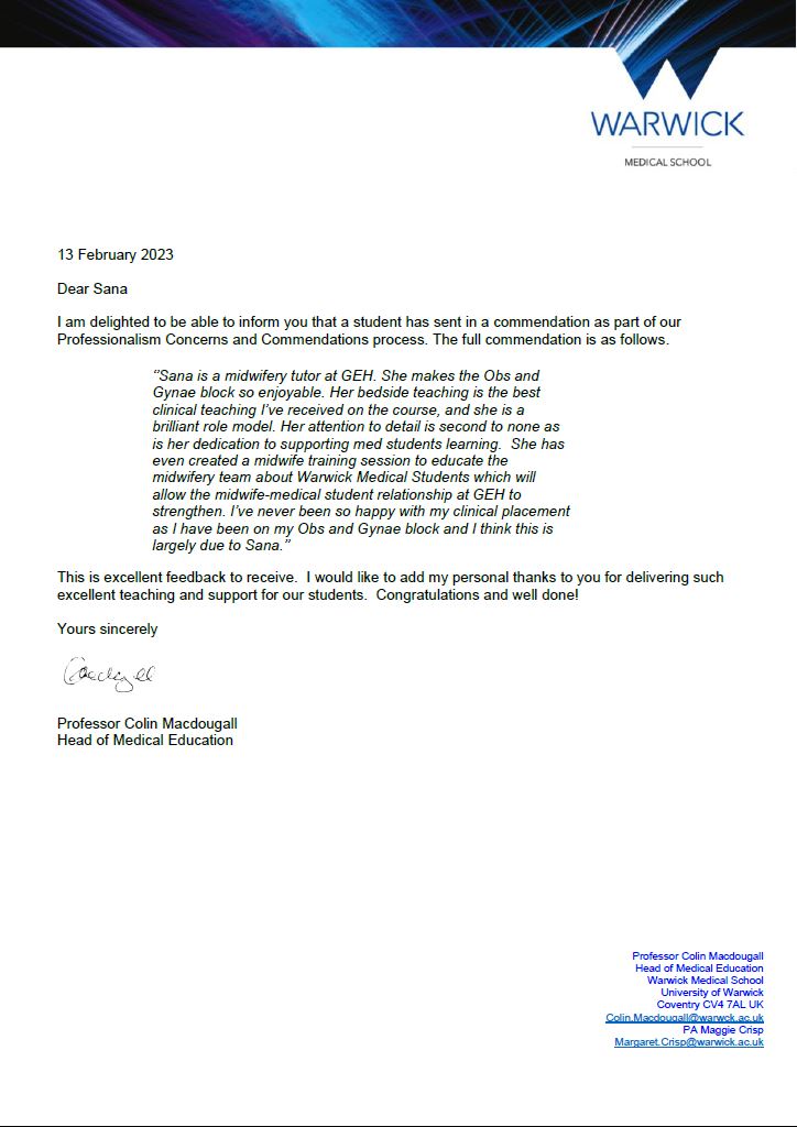 GEHClinMedEd's tweet image. #Congratulations Sana Sidiq, our Midwife Tutor on receiving a #commendation from Warwick Medical School for the #brilliant teaching and #support you provide for our #students!
@GEHNHSnews 
@warwickmed
