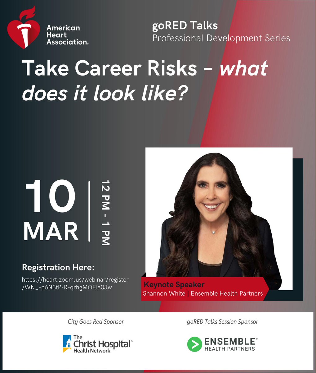 Join us on Friday, March 10 for the American Heart Association goRED Talks Virtual Speaker Series. As the Keynote Speaker, learn how taking career risks has helped guide Shannon to where she is today.

Register now:
heart.zoom.us/webinar/regist…

#EnsembleDifference #CincyGoRED