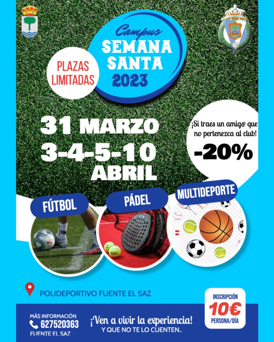 C.F. Fuente El Saz (@cffsaz) on Twitter photo ⚽️¡Os presentamos nuestro Campus de Semana Santa!
Ven a vivir la experiencia, te estamos esperando💪🏼
𝘚𝘪 𝘲𝘶𝘪𝘦𝘳𝘦𝘴 𝘮á𝘴 𝘪𝘯𝘧𝘰 𝘯𝘰 𝘥𝘶𝘥𝘦𝘴 𝘦𝘯 𝘤𝘰𝘯𝘵𝘢𝘤𝘵𝘢𝘳 𝘤𝘰𝘯 𝘯𝘰𝘴𝘰𝘵𝘳𝘰𝘴. ⚽️¡Os presentamos nuestro Campus de Semana Santa!
Ven a vivir la experiencia, te estamos esperando💪🏼
𝘚𝘪 𝘲𝘶𝘪𝘦𝘳𝘦𝘴 𝘮á𝘴 𝘪𝘯𝘧𝘰 𝘯𝘰 𝘥𝘶𝘥𝘦𝘴 𝘦𝘯 𝘤𝘰𝘯𝘵𝘢𝘤𝘵𝘢𝘳 𝘤𝘰𝘯 𝘯𝘰𝘴𝘰𝘵𝘳𝘰𝘴.