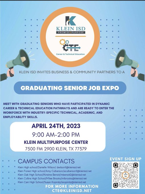 <a href="/KleinISD/">Klein ISD</a>  is having our 1st ever Job Expo for our graduating  CTE seniors ! If you are a business or industry professional seeking to hire qualified, certified, and skilled students that are ready to enter the workforce sign up up below to participate: forms.gle/8wWikFjb92qThF…