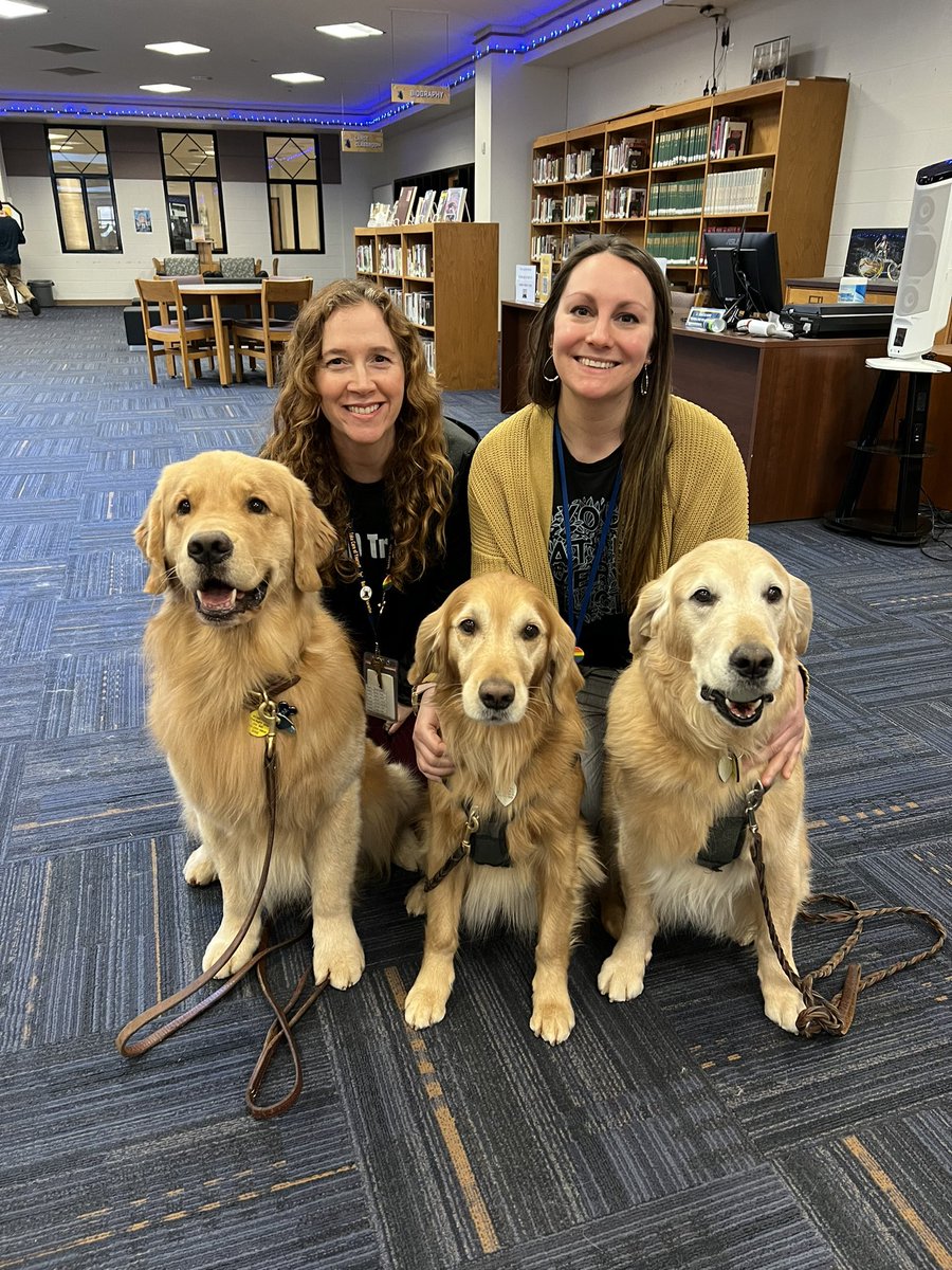Unionville HS school social workers, Brie Ziegler and Sarah Graden, were all smiles when their coordination of therapy dogs for students coincided with the first day of School Social Work Week! #WeRise #SSWWeek2023 #studentmentalhealth #therapydogs @UCFSD