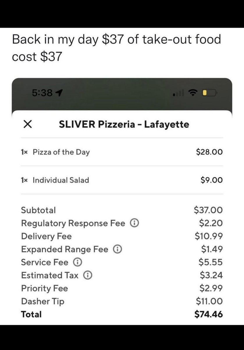 WallStreetMav's tweet image. The insane cost of a pizza plus salad when fees are included.🙄

Lol who the heck agrees to pay that? Sucker born every minute.