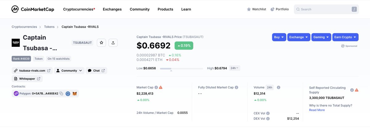 TsubasaRivalsEN's tweet photo. Just got the news that our token,$TSUBASAUT is finally listed on CMC! 🎉

Visit @CoinMarketCap and leave your supportive comments😆

Excited for what's to come next...👀
#TsubasaRivals https://t.co/JGECvWAWqS