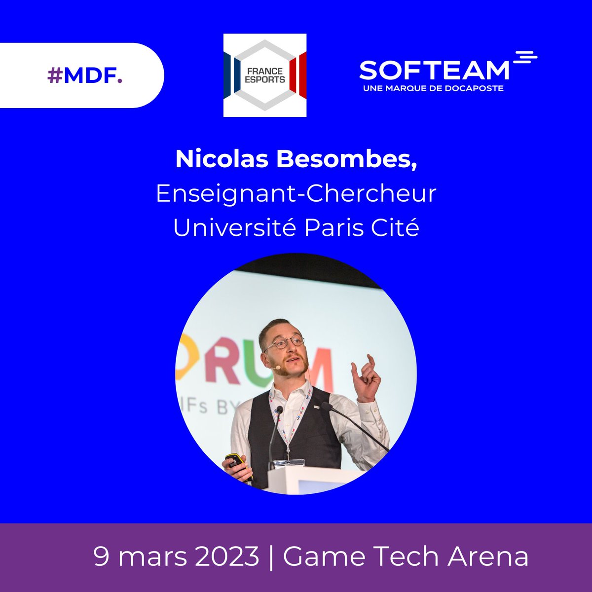 [#MDF]
Focus speaker : Nicolas Besombes, membre de <a href="/Fra_esports/">France Esports</a> sera à la Game Tech Arena du <a href="/MasterDevFrance/">MasterDevFrance</a> ! 
Conférence : "Les métiers de l'esport"

📅 Jeudi 9 mars 2023 
📍 Parc des expositions Hall 5.2 - Porte de Versailles
masterdevfrance.com/inscription-vi…