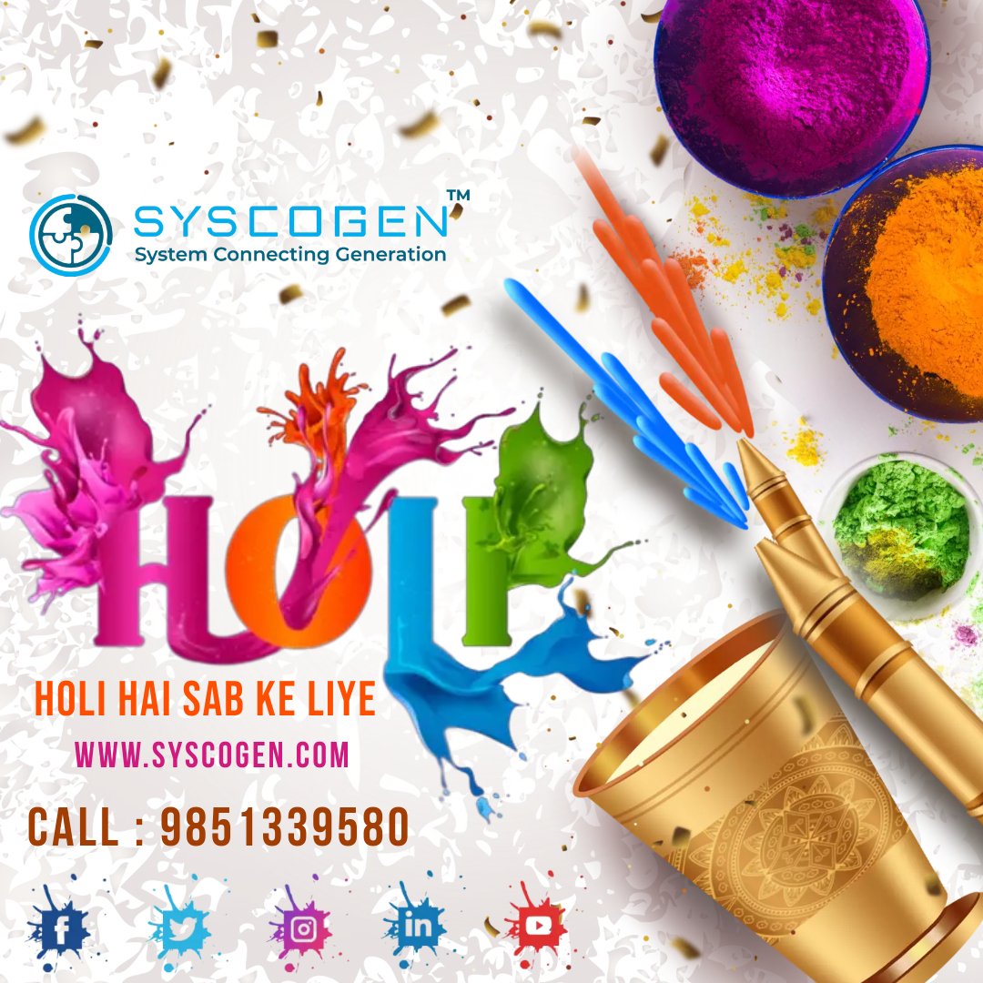 syscogen's tweet image. Happy Holi from all of us at #Syscogen! #HoliHaisabKeLiye - a time to come together, celebrate, &amp;amp; spread joy. Just like the vibrant colors of Holi, we bring color &amp;amp; life to your business. Let&apos;s make this festival of colors even brighter with our innovative technology. #HappyHoli