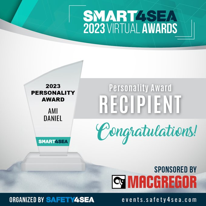 safety4sea's tweet photo. Ami Daniel, co-Founder and CEO of @WindwardAI, received the 2023 #SMART4SEA Personality Award, sponsored by MacGregor, for his overall contribution to harnessing innovation and driving transformative change.
🎉👏 Congratulations 🎉👏 https://t.co/s9PmL10A0f