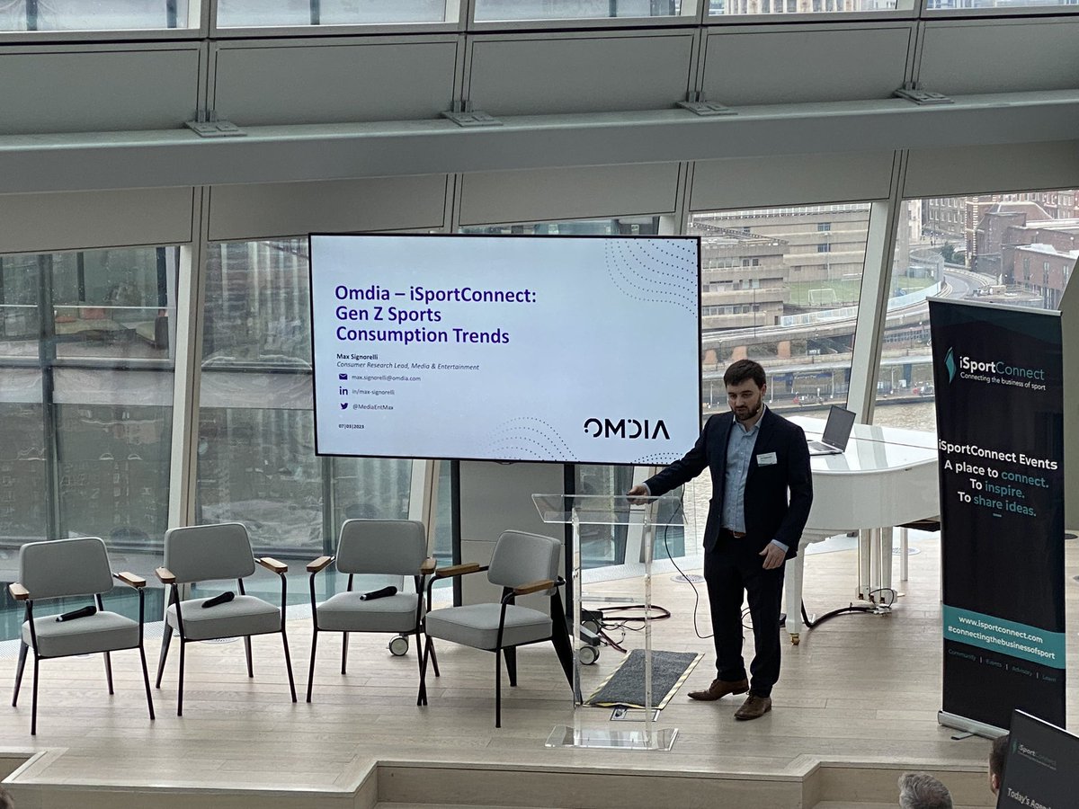 TechWithTett's tweet photo. My colleague @MediaEntMax is doing the opening presentation for the @iSportconnect event @OmdiaHQ is hosting at our offices. Discussing Gen Z and sports consumption with data from our excellent consumer survey. https://t.co/7EQelaOuD4