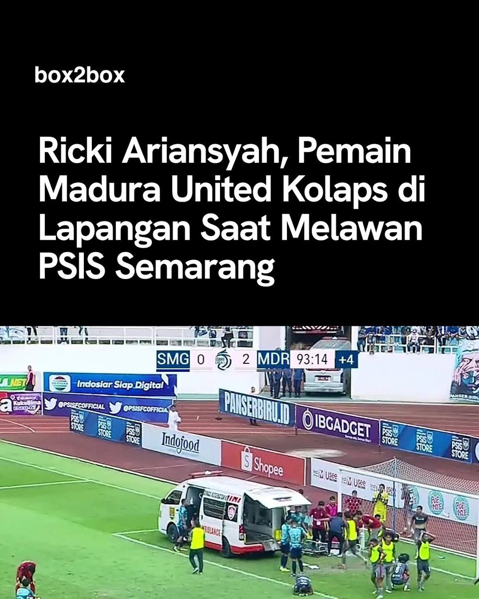 Box2boxID's tweet photo. Pemain Madura United Bernomor Punggung 18, Ricki Ariansyah kolaps di lapangan usai mencetak gol pada injury time melawan PSIS Semarang, pada Selasa (07/03) usai terkena tendangan dari salah satu pemain PSIS yang mencoba melakukan blok. https://t.co/xTXTtf0t1l