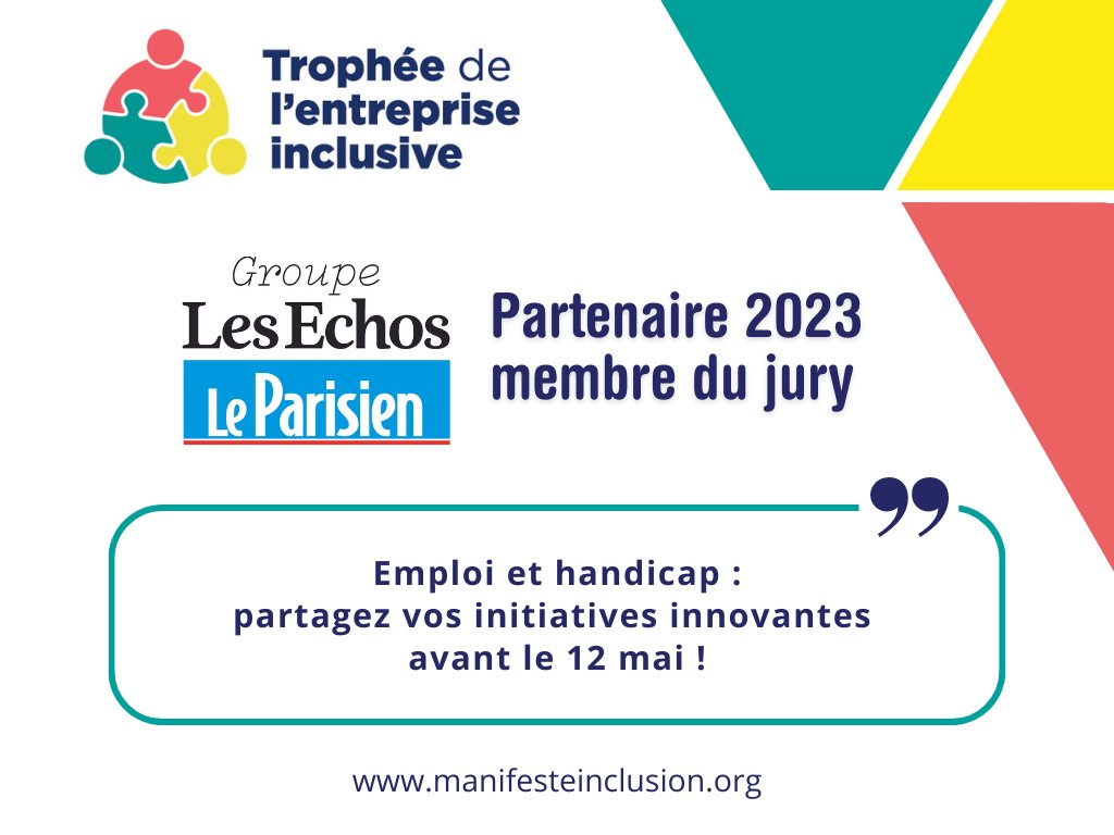 🤝 Le Groupe <a href="/Echos_Parisien/">Les Echos-Le Parisien Communication</a> poursuit son engagement en faveur de la diversité en étant partenaire du Trophée de l’entreprise inclusive.

Cet événement est co-organisé par le #ManifesteInclusion et <a href="/AEFsocial_RH/">AEFsocial_RH</a>.

Envie de candidater ? C'est juste ici ⬇️
manifesteinclusion.org/trophees-de-le…
