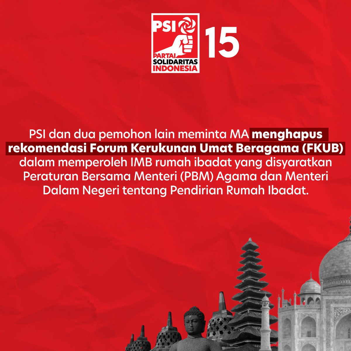 PSI_Jakarta's tweet photo. PSI dan dua pemohon lain sedang meminta MA untuk menghapus rekomendasi Forum Kerukunan Umat Beragama (FKUB)

Mari dukung Partai Solidaritas Indonsia untuk mengajukan permohonan Judicial Review Peraturan Bersama Menteri (PBM) terkait pendirian Rumah Ibadah! https://t.co/aqVe0a2nd5