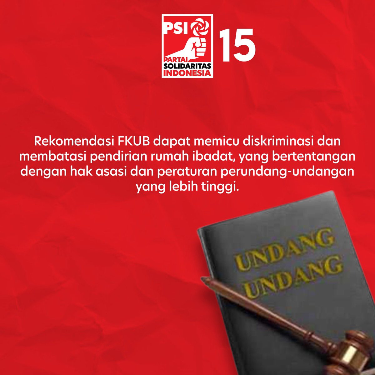 PSI_Jakarta's tweet photo. PSI dan dua pemohon lain sedang meminta MA untuk menghapus rekomendasi Forum Kerukunan Umat Beragama (FKUB)

Mari dukung Partai Solidaritas Indonsia untuk mengajukan permohonan Judicial Review Peraturan Bersama Menteri (PBM) terkait pendirian Rumah Ibadah! https://t.co/aqVe0a2nd5
