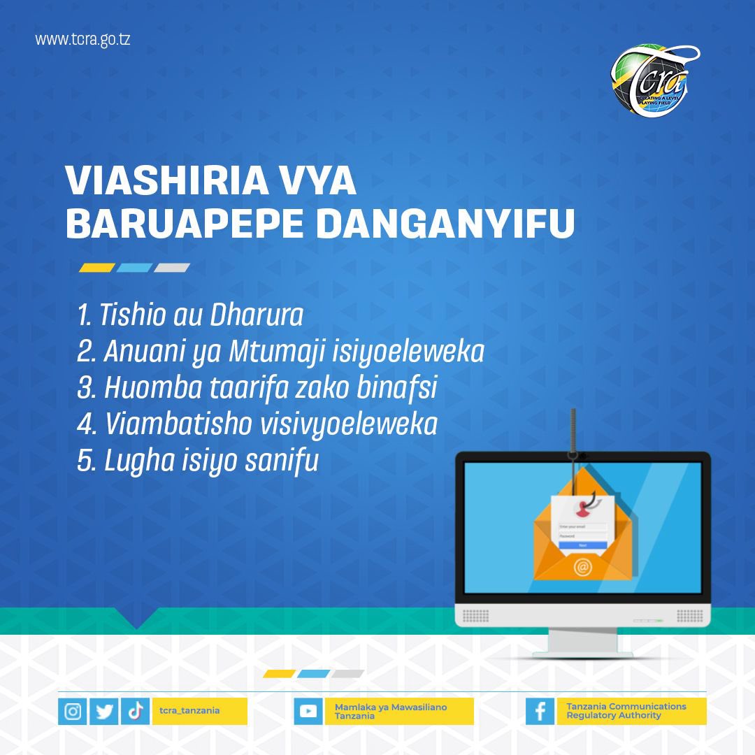 Hakingowi's tweet photo. 🚨Vidokezo vya Usalama Mtandaoni 

🧠 Fahamu viashiria vitano (5) vya barua pepe danganyifu (Phishing Email).

#tzcert #officesafetytips #cybersecuritytips #awareness #tanzania #Netiquette #2023kidijitalizaidi https://t.co/cLtZvXvMYH