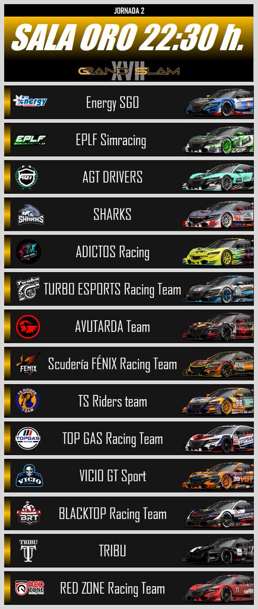 SALA ORO 🏁
@ENERGYSGO <a href="/EPLFSimracing/">EPLF Simracing</a> <a href="/AGTdrivers/">AGT Drivers</a> <a href="/sharks_esp/">SHARKS</a> <a href="/adictosracing1/">Adictos Racing</a> <a href="/EquipoTERT/">Turbo Esports Racing Team</a> <a href="/AvutardaTeam/">Avutarda eSports</a> <a href="/FenixScuderia/">Scuderia Fenix Racing Team</a> <a href="/TS_Riders/">TS Riders</a> @TopGasRacingCo1 <a href="/VicioGT2/">Vicio GT</a> <a href="/blacktopbrt/">Blacktop Racing Team</a> <a href="/TRB_TRIBU/">TRIBU</a> <a href="/RedZone_Racing/">Red Zone Racing Team</a> <a href="/StopGoSimu/">Stop&Go Simulación</a> <a href="/MotorsWorld/">mow.club</a> 
twitch.tv/alario87tv?sr=a