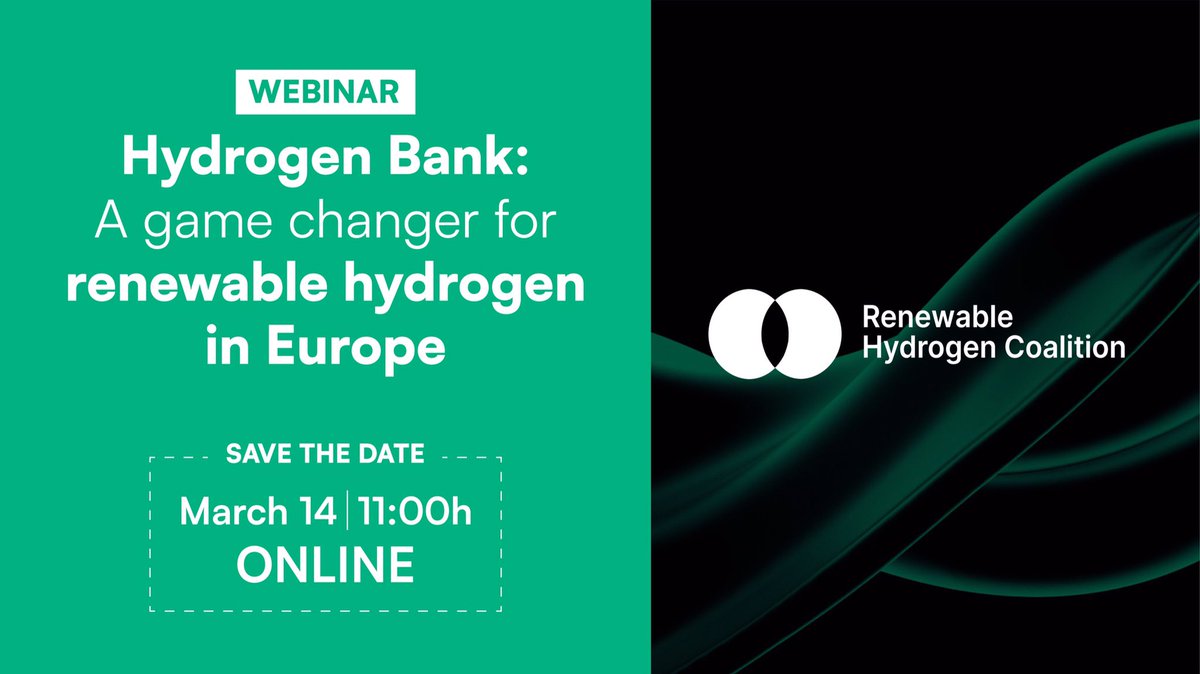 Don't miss it: our #RenewableHydrogen webinar is coming March 14th, 11AM.
 
Investing in renewable hydrogen is a strategic choice for a stronger Europe. But will the new #HydrogenBank allow the market to develop its true potential?
 
➡️ bit.ly/3IcyRoE ⬅️