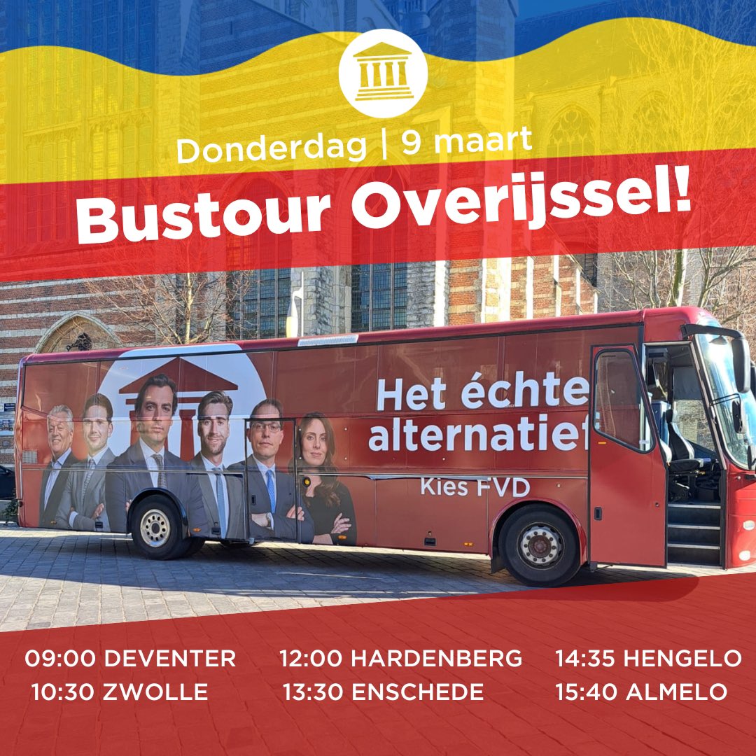 Donderdag 9 maart trekken wij ons mooie Overijssel in! 

Ga in gesprek met onze kandidaat Statenleden in één van de Overijsselse plaatsen. 

Afsluitend zullen wij neerstrijken voor de #FVD campagnetour in Het Anker in Wierden. Zien we je daar? fvd.nl/events/fvd-cam… 

#PS2023