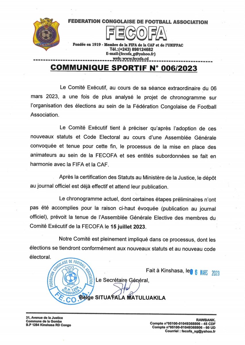 JolgaLuvundisa's tweet photo. 🚨 La FECOFA prévoit organiser ses élections le 15 juillet 2023, mais elle attend d'abord la certification de ses statuts au journal officiel. ( Communiqué )
@FecofaRdc @caf_online_FR @RFI https://t.co/vyGJQxNiyH