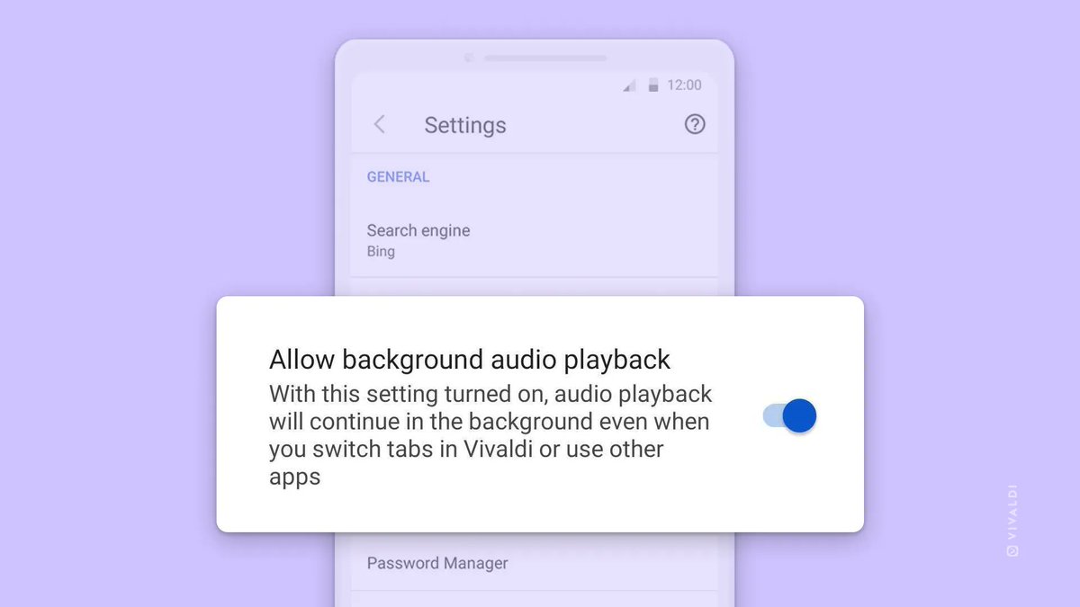vivaldibrowser's tweet photo. In case you missed the recent news, Vivaldi on #Android now supports Background Play on media sites such as #Youtube. 

To Enable the feature do the following:
General Setting > Enable "Allow Background Audio Playback" https://t.co/xmuMcmvwAe