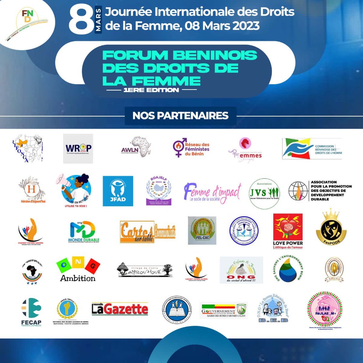 Dans le cadre de la #JIF2023,  <a href="/FamilleOng/">ONG FAMILLE-NUTRITION-DEVELOPPEMENT F.N.D</a>  organise une grande mobilisation des acteurs de #protection et de #promotion des #droits des #filles et des #Femmes au Bénin à travers le FORUM BENINOIS DES DROITS DE FEMME.
Nous y serons 💪🏽

#JIF 
#08mars