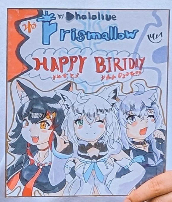 ✨ @risemallow ✨
㊗まろくん改めてお誕生日おめでとう✨🎉🎉🎉ホロライブ好きだから好きなキャラから3人抜粋して描いてみた!ホロライブのキャラどれも可愛すぎて描くのが楽しかった!

裏面もまたやばいです✨

並びはあまり気にしないでおいて
とりあえず彼に今日、色紙をプレゼントしました❗ 