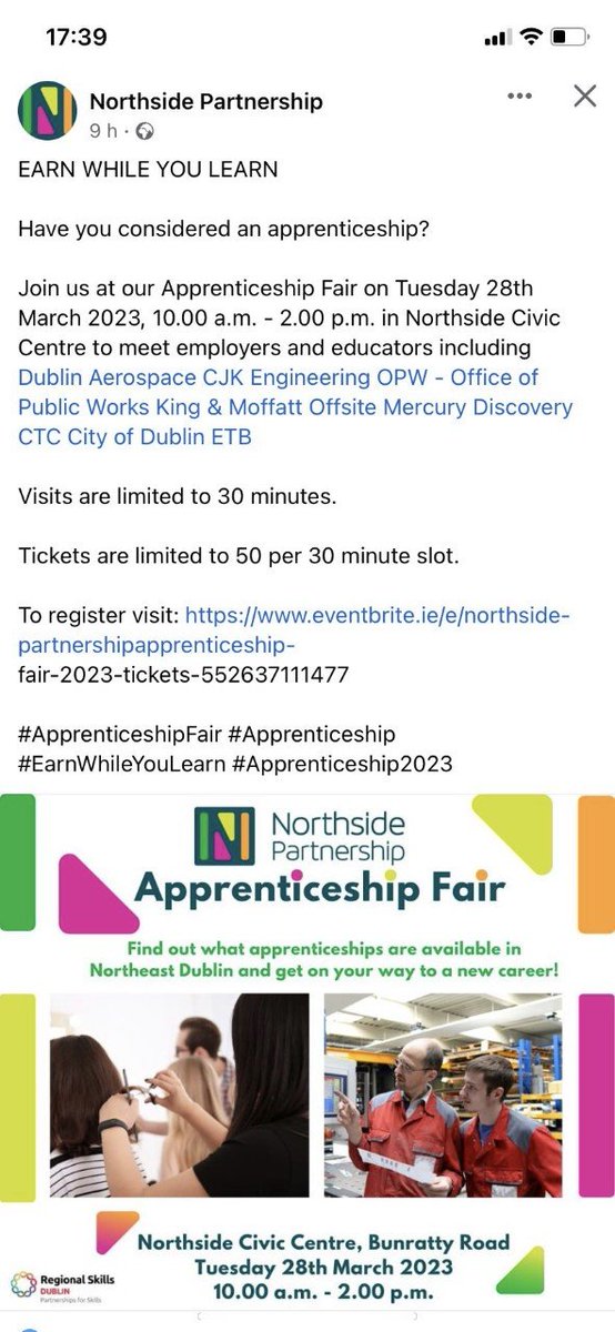 Interested in Apprenticeship! Northside Partnership are hosting a Trade Fair. Info. detailed below