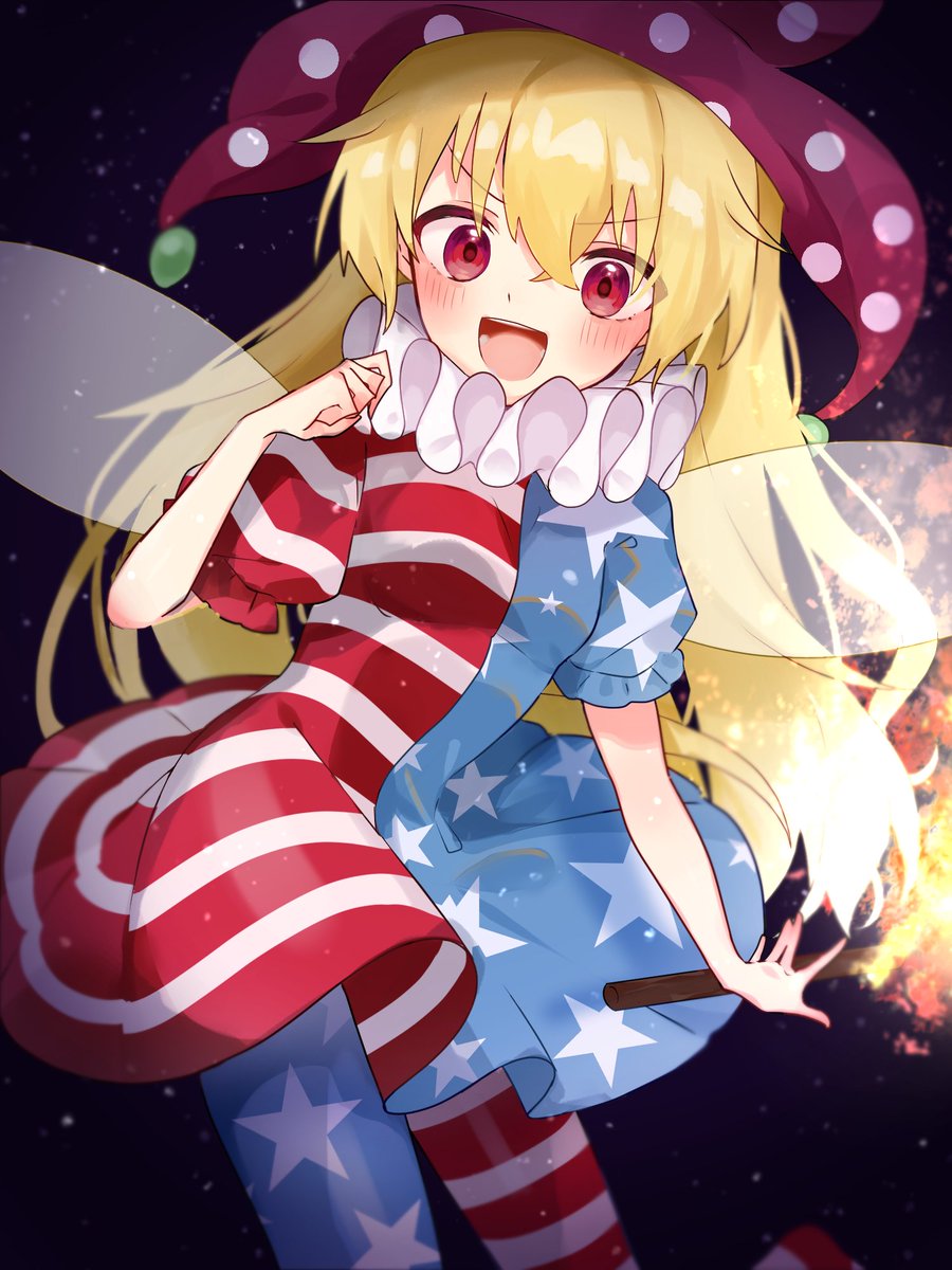 clownpiece 1girl solo blonde hair wings hat long hair fairy wings  illustration images