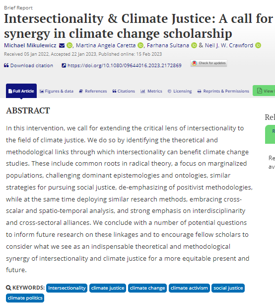 Env_Pol's tweet photo. New article "Intersectionality &amp; Climate Justice: A call for synergy in #climate change scholarship" by @MMikulewicz @DrMA_Caretta @Prof_FSultana &amp; @neil9709 
https://t.co/8cOkijYJ25 https://t.co/XZhec0p7Fp
