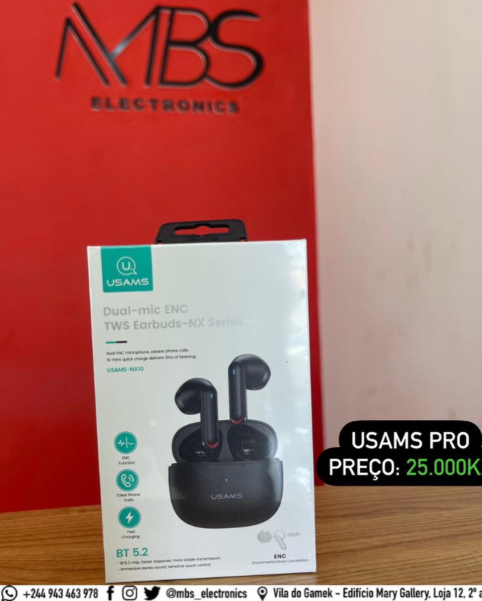 mbs_electronics's tweet photo. USAMS PRO
Especificações:
Controle de Toque de Fone de Ouvido;
BT 5.2
Connection range 12m
Peso de 3.6g cada earbud
Playing time de 5 horas
Tempo de chamada: 2 horas
Entrada type C para carregamento
Preço: 25.000,00 AOA
#Usams #LojaMBS 🇦🇴💯 https://t.co/APk14A66lf