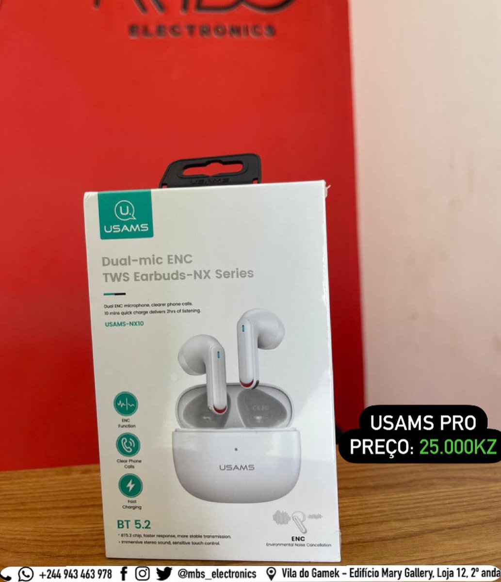 mbs_electronics's tweet photo. USAMS PRO
Especificações:
Controle de Toque de Fone de Ouvido;
BT 5.2
Connection range 12m
Peso de 3.6g cada earbud
Playing time de 5 horas
Tempo de chamada: 2 horas
Entrada type C para carregamento
Preço: 25.000,00 AOA
#Usams #LojaMBS 🇦🇴💯 https://t.co/APk14A66lf