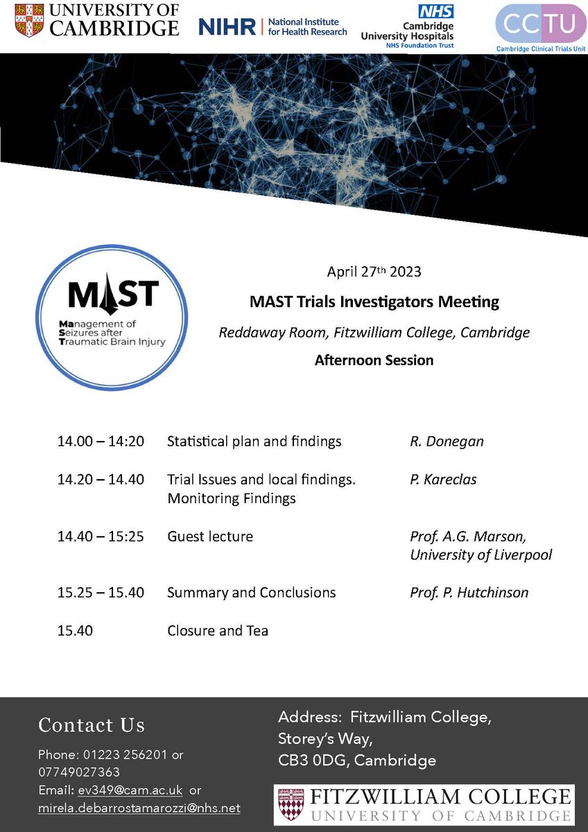 MAST Trials - Management of Seizures after TBI (@mast_trialstbi) on Twitter photo Save the date!!! We are happy to announce the 1st Investigators' Meeting face-to-face <a href="/FitzwilliamColl/">Fitzwilliam College</a> on 27th April 2023
Have a look at the programme and if you'd like to participate please email ev349@cam.ac.uk
<a href="/Cambridge_Uni/">Cambridge University</a> <a href="/CamNeuro/">Cam Neuroscience</a> <a href="/CUH_NHS/">Cambridge University Hospitals NHS</a>
#TBI #neurotrauma Save the date!!! We are happy to announce the 1st Investigators' Meeting face-to-face <a href="/FitzwilliamColl/">Fitzwilliam College</a> on 27th April 2023
Have a look at the programme and if you'd like to participate please email ev349@cam.ac.uk
<a href="/Cambridge_Uni/">Cambridge University</a> <a href="/CamNeuro/">Cam Neuroscience</a> <a href="/CUH_NHS/">Cambridge University Hospitals NHS</a>
#TBI #neurotrauma