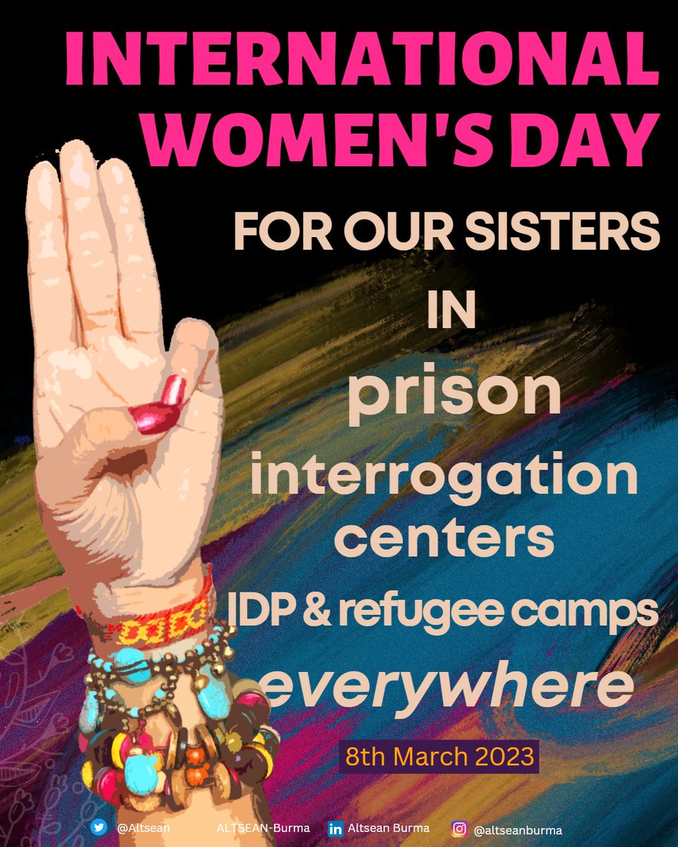 ALTSEAN-Burma (@altsean) on Twitter photo 🥰 Remembering our sisters from #Burma #Myanmar on #IWD #IWD2023 #InternationalWomensDay
YOU ARE NOT ALONE!
#WhatsHappeningInMyanmar
@womenofburma <a href="/WomensPeaceNW/">Women's Peace Network</a>
<a href="/Shanwomen/">Shan Women’s Action Network (SWAN)</a> <a href="/karenwomenorg/">Karen Women Organization</a>
<a href="/UN_Women/">UN Women</a> <a href="/UN_PGA/">UN GA President</a>
<a href="/antonioguterres/">António Guterres</a> <a href="/ASEANSOGIE/">ASEAN SOGIE Caucus</a>
<a href="/ASEANMP/">APHR</a> <a href="/ASEAN/">ASEAN</a> <a href="/Menlu_RI/">Menteri Luar Negeri Republik Indonesia</a>
<a href="/jokowi/">Joko Widodo</a> 🥰 Remembering our sisters from #Burma #Myanmar on #IWD #IWD2023 #InternationalWomensDay
YOU ARE NOT ALONE!
#WhatsHappeningInMyanmar
@womenofburma <a href="/WomensPeaceNW/">Women's Peace Network</a>
<a href="/Shanwomen/">Shan Women’s Action Network (SWAN)</a> <a href="/karenwomenorg/">Karen Women Organization</a>
<a href="/UN_Women/">UN Women</a> <a href="/UN_PGA/">UN GA President</a>
<a href="/antonioguterres/">António Guterres</a> <a href="/ASEANSOGIE/">ASEAN SOGIE Caucus</a>
<a href="/ASEANMP/">APHR</a> <a href="/ASEAN/">ASEAN</a> <a href="/Menlu_RI/">Menteri Luar Negeri Republik Indonesia</a>
<a href="/jokowi/">Joko Widodo</a>