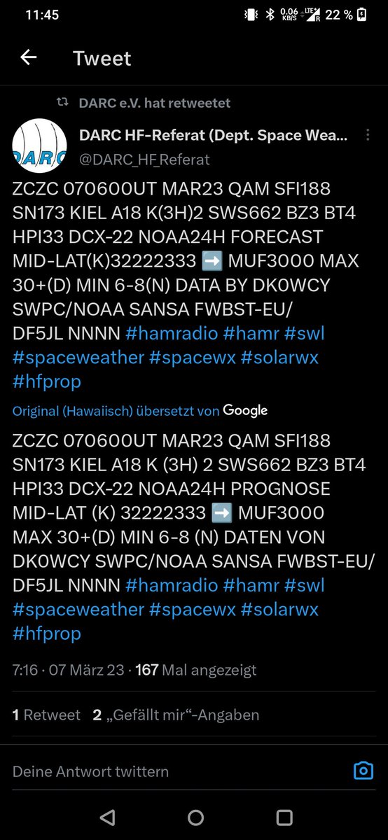 @DARC_HF_Referat @DARC_eV ich habe mal auf 'Tweet  übersetzen' geklickt. Und was kommt raus? Er ist ursprünglich auf Hawaiisch. 😂