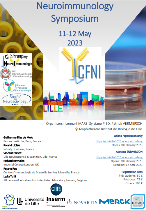 sfiimmunologie's tweet image. 📣Save the date for the annual Neuroimmunology Symposium of the French Neuroimmunology club. The symposium will be held on the 11-12th of May in Lille France.Come and join us #WeAreNeuroimmunology
More info 👉cfni-lille2023.sciencesconf.org
@inserm @univ_lille @merck_fr @novartis_france