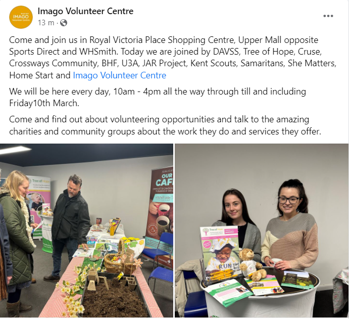imagocommunity's tweet photo. The Imago Volunteer Centre team have organised the Volunteering Fair in Tunbridge Wells, pop along to Royal Victoria Place shopping centre this week 10am-4pm to find out about local volunteering roles. 
Pls RT
#volunteering #event #tunbridgewells #volunteeringopportunities https://t.co/RtmLjTIx5d