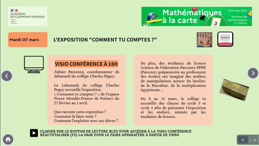 Ce soir, à 18h, <a href="/FabienParenton/">Fabien Parenton</a> , coordonnateur du labomath du collège Péguy à Moulins nous raconte comment l'exposition "Comment tu comptes?" a été mise en place à l'occasion de la semaine des maths.
Le lien de la visio sera disponible via le Genially à partir de 17h.