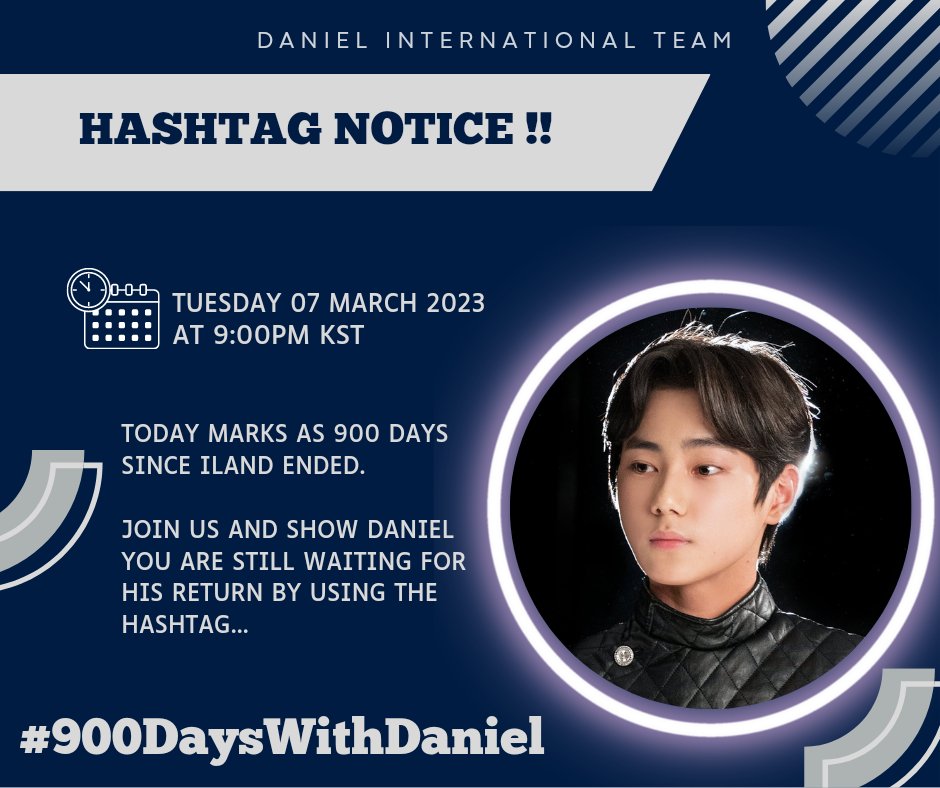 📢 HASHTAG NOTICE ❗

Everyone come and join us, lets make some noise! Lets show our love for Daniel 💝

🗓️ March 07, 2023
⏰ 09:00PM KST
#️⃣900DaysWithDaniel

*Note: Do not play the tag before the given time
#Dear_Our_Daniel #DandelionsWithDaniel