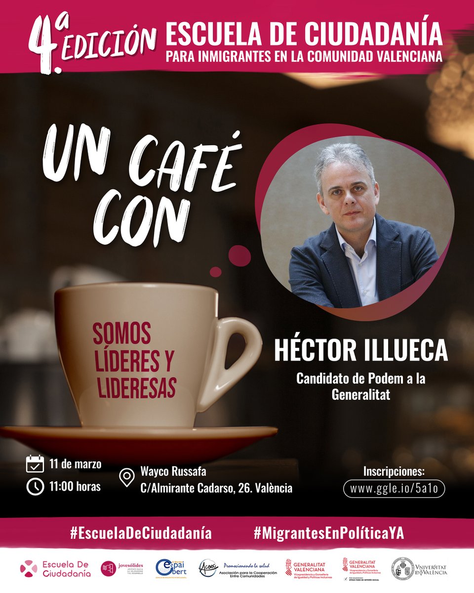 JOVESOLIDES's tweet photo. ¿Qué vas a preguntarle a @Hector_Illueca_  en el encuentro con la #EscuelaDeCiudadanía para migrantes?

☕Este sábado 11 nos tomamos un café con el candidato de @Podem_ a la Generalitat en el ciclo de encuentros #28M

Inscríbete👉 https://t.co/WJPjOyHnKj

#MigrantesEnPolíticaYA https://t.co/NKkB6k8RX9
