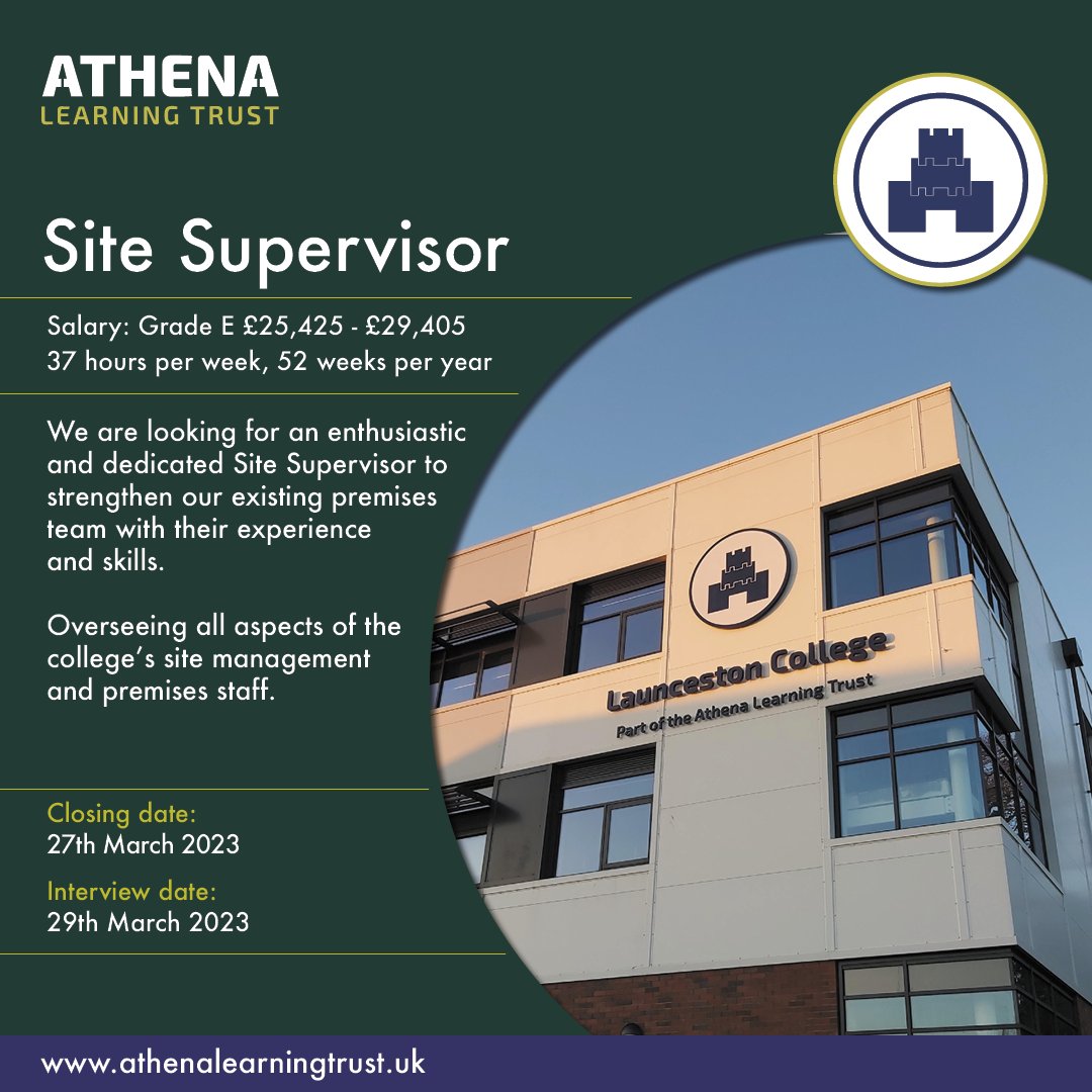 Based at #LauncestonCollege, we’re looking for a supervisor to oversee all aspects of site management. 
Closing date: 27th March 

#AthenaLearningTrust #CornwallSchools #SouthWestSchools #Education #WorkWithUs #EduJobs #SiteManagement #CornwallJobs