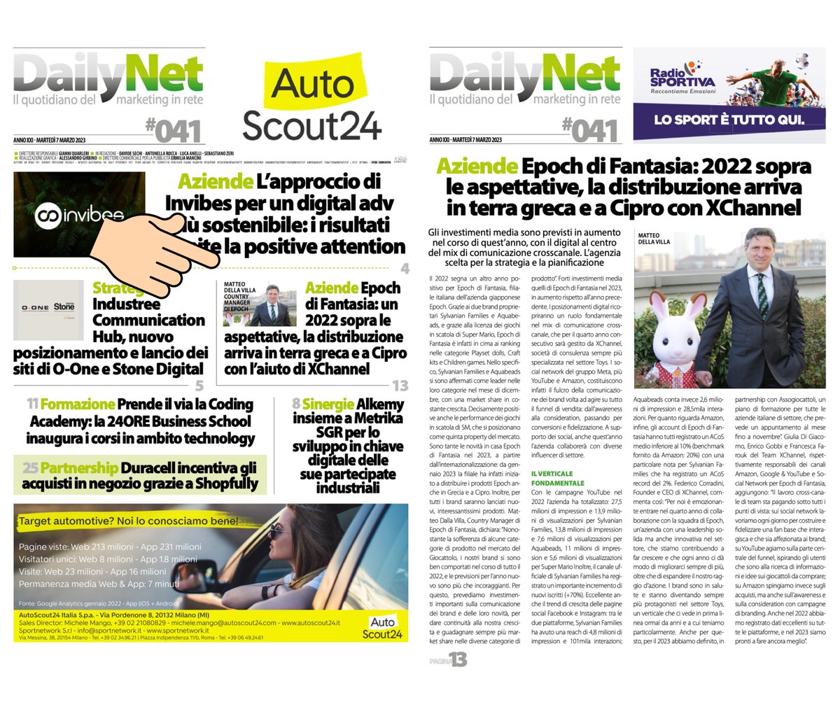 XChannelTweet's tweet image. Oggi siamo in prima pagina su #DailyNet con #EpochDiFantasia per parlarvi dell'aumento degli investimenti digital del 2023, a fronte delle ottime performance del 2022. 

La partnership con Epoch di Fantasia entra nel 4 anno consecutivo e mira a un aumento degli investimenti media