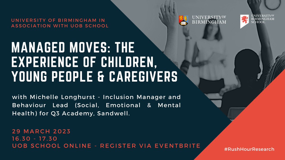 UoBSchool's tweet photo. Join colleagues at UoB in association with UoB School & Michelle Longhurst from @q3academy for a #RushHourResearch lecture - 'Managed Moves: The Experiences of Children, Young People, & Caregivers'
Register β‘οΈ https://t.co/k64ydEHkD0
ποΈ29 March 2023
βοΈ16:30 - 17:30
#edutwitter https://t.co/qIRPlJhimS